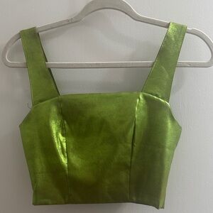 Satin Lime Green Square-Neck Crop Top